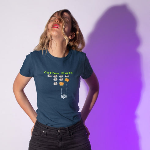 Coffee Shots T-Shirt – Funny Retro Space Invaders Coffee Lover Gamer Tee with Pixel Arcade Style